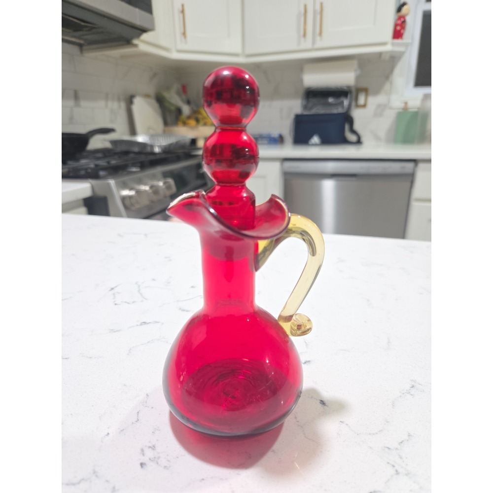 Antique Cruet Amberina Glass Panel Optic w/ Heart-Shaped Spout, Tiered Stopper